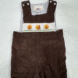 Smocked Turkey outfit, smocked thanksgiving outfit, Brown Corduroy Kids Overalls